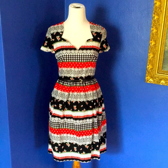 Vintage Modcloth Bea & Dot Holiday Calico Mixed Print Cotton Dress - Picture 2 of 14